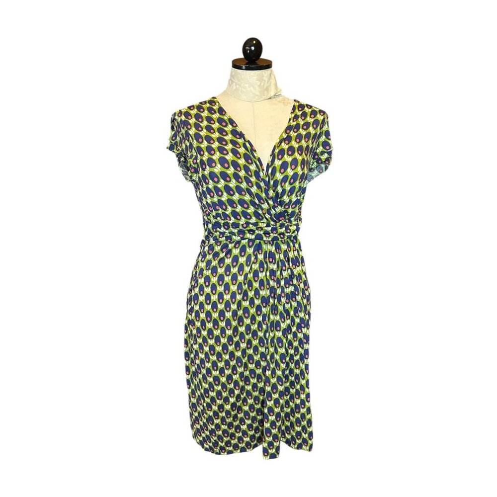Boden Piper Short Iguana Green & Blue Print V-Neck Size 8 NWOT Jersey Stretch